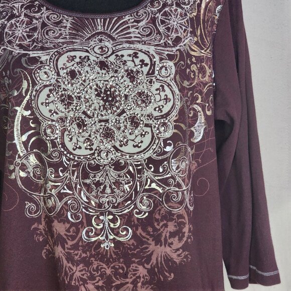 Zenergy Mauve Silver Foil Rhinestone Beaded 3/4 Sleeve Cotton Top Chico 3 US XL - Picture 6 of 16